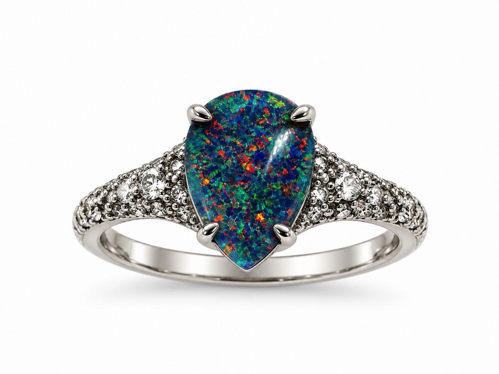 925 Sterling Silver Pear-Shaped Opal & Beryl Ring Size 6
